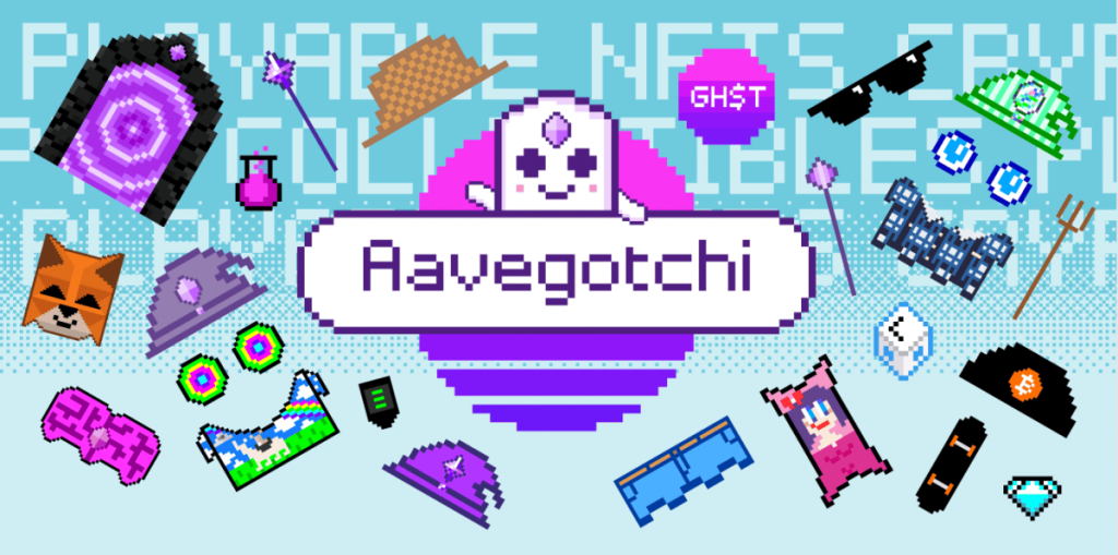 Aavegotchi Christmas Merch Is Here and It’s Cute A cartoon ghost waves from a digital sunset in support of Aavegotchi Christmas Merch.