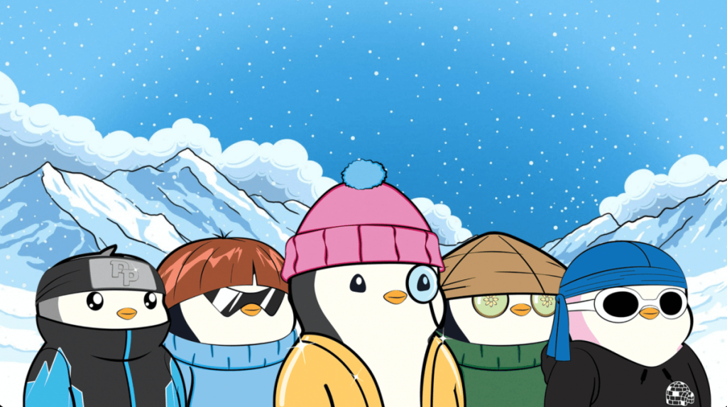 Pudgy Penguins Floor Price Pumps Back To 4ETH Five cartoon penuings stand in front of a drawn mountain range in support of Pudgy Penguins Floor hitting 4ETH.