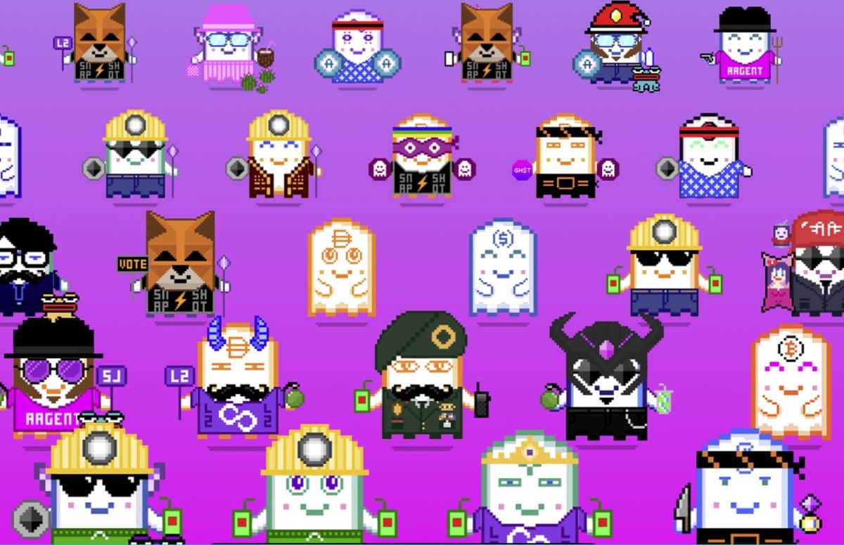 Several animated characters stand before a purple background.