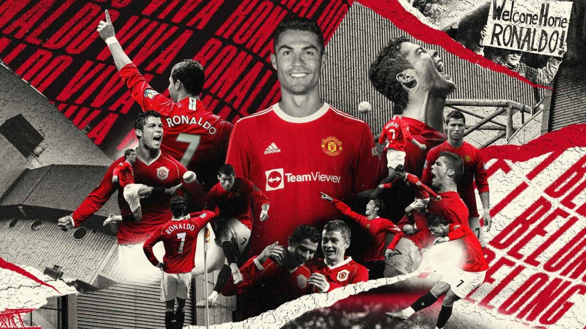 Several pictures of Cristiano Rinaldo are superimposed on a red, white, and black background in support of Manchester United NFTs.