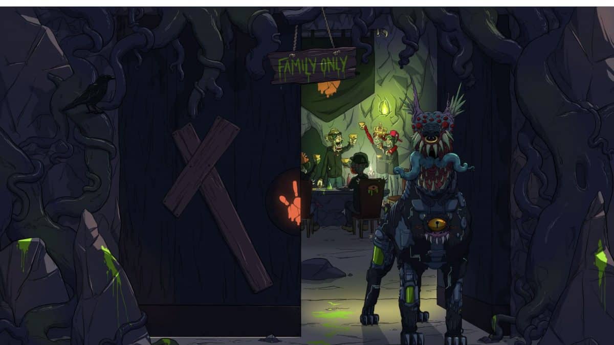 a mutant hound NFT dog character standing at the door with a sign that reads "family only" - a reference to the Mutant hideout marketplace.
