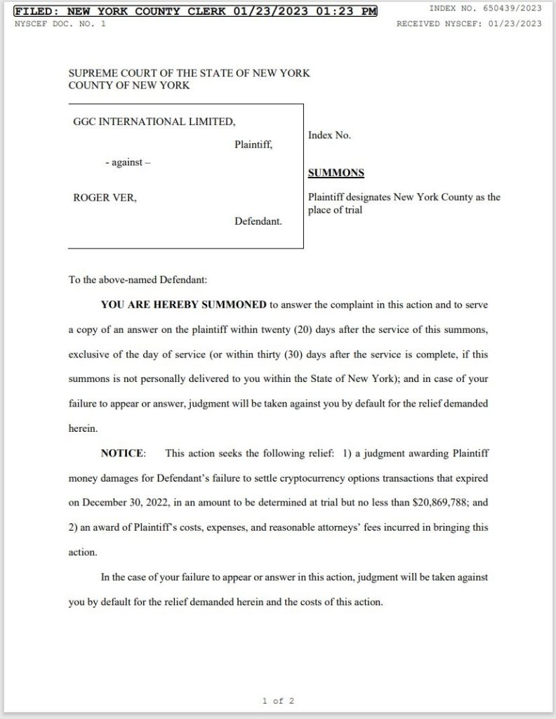 Genesis sues Roger Ver for $20M over unsettled crypto options trades