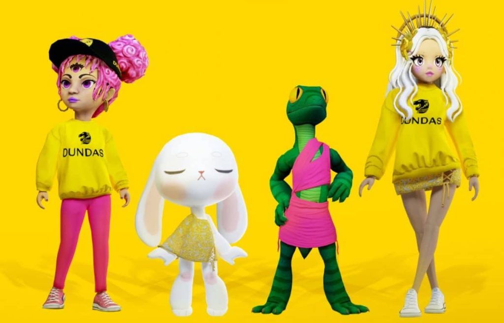 DressX and Dundas Partner To Bring Digital Fashion To Roblox image of four digital avatars wearing Dundas x DressX clothing items within Roblox