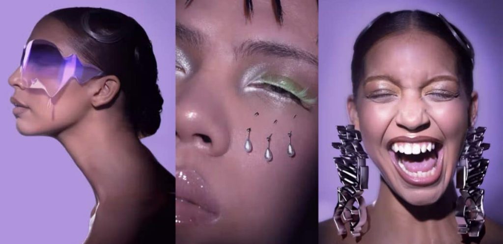 three portraits of Dutch artist Sevdaza wearing digital accessories from The Fabricant's XXories NFT collection