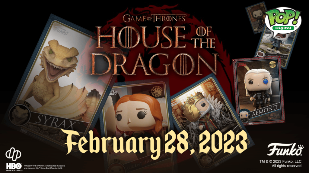 House of the Dragon Funko Digital Pops Are Finally Here A picture of the official poster of house of the dragon funko pops, featuring fan favorite characters as trading cards housing the Funko toy style.
