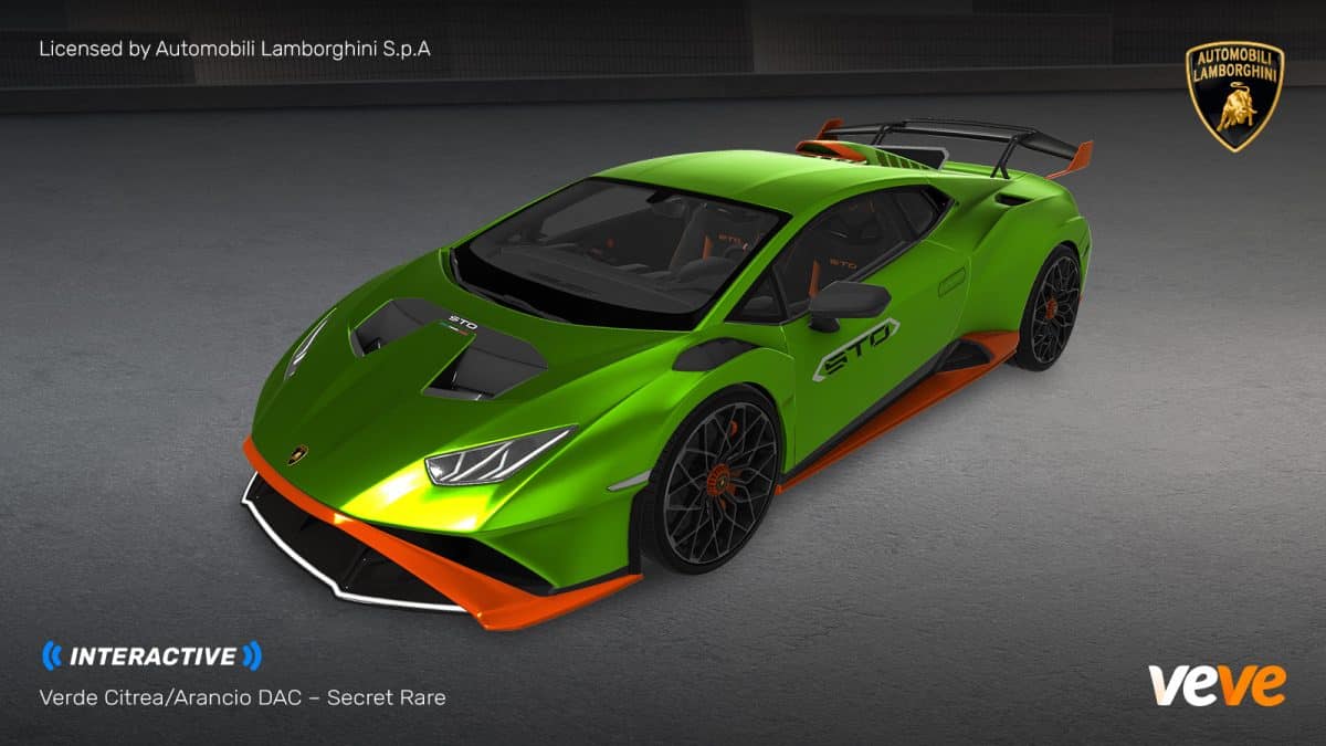 A picture of a green Lamborghini Huracan STO, a super sports car coming to the blockchain as the next big NFT!