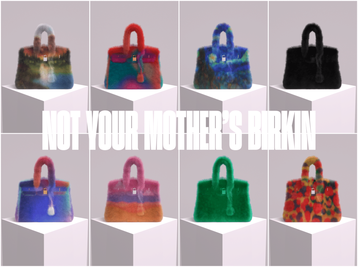 A row of pixelated Birkin Bags are seen in support of the Mason Rothschild and Ledger collaboration.