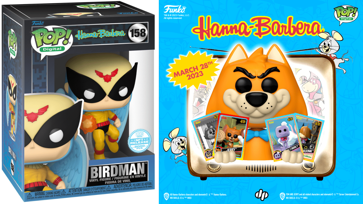 A picture of a digital lineup of Hanna Barbera characters as Digital Funko Pops, with one funko pop character - Birdman, in a Funko box.