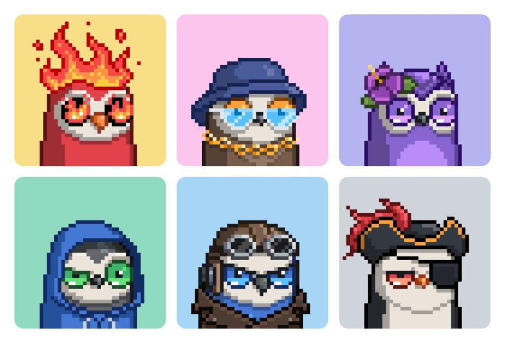 Six different digital birds are pcitured for the Moonbirds: Diamond Exhibition.