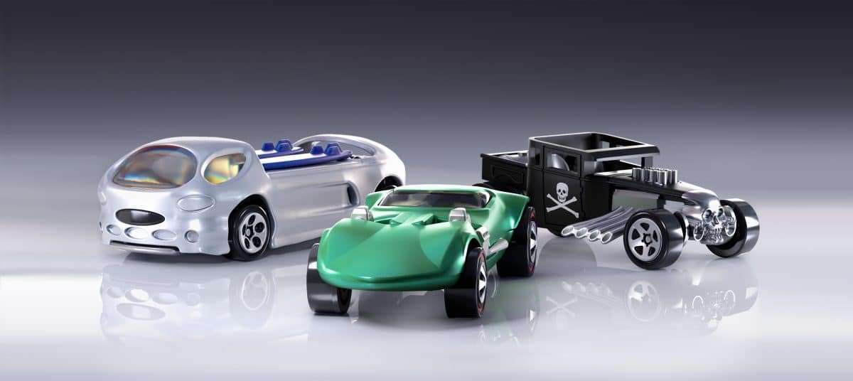 digital poster of three collectible miniature vehicles from Mattel