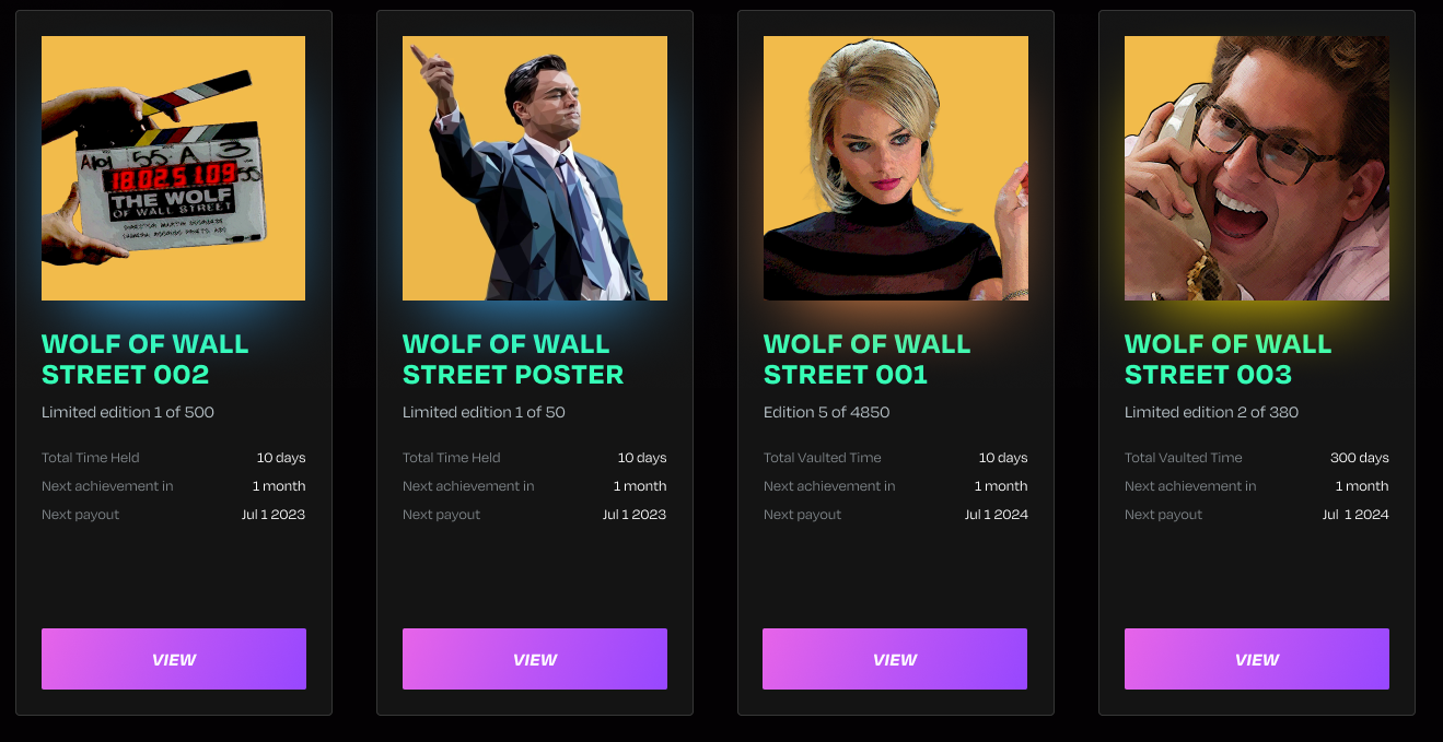 screenshot of Wolf of Wall Street NFTs by the LALA Marketplace