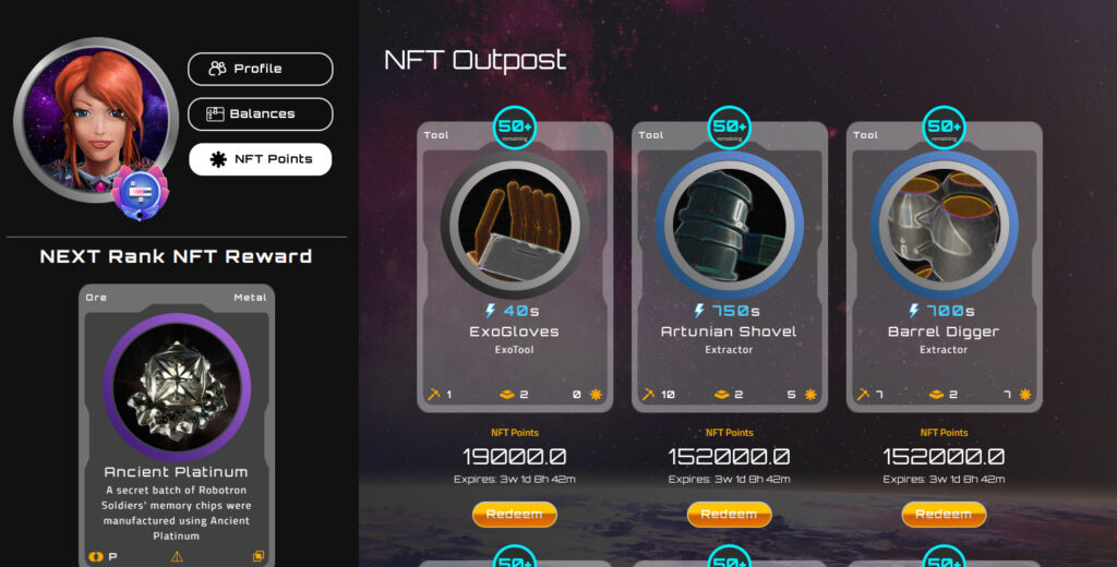 a few of the items available for NFT points in Alien Worlds