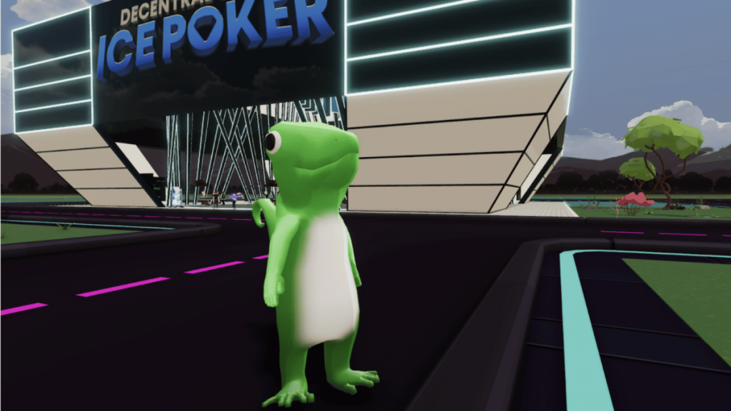 Decentral Games x CoinGecko Launch Ice Poker DCL Wearable an image of the "Gecko" wearable avatar in Decentral Games promoting ICE Poker