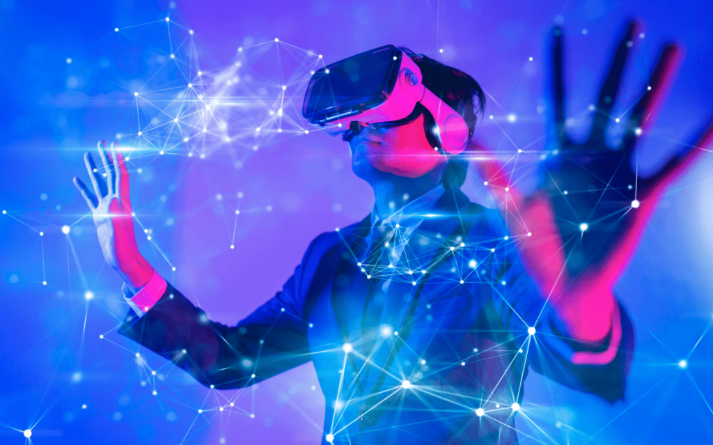 LG Electronics Partners With PIXELYNX To Enter The Metaverse A woman with a virtual reality headset on stands in a blue and purple room in support of the LG Metaverse Partnership.