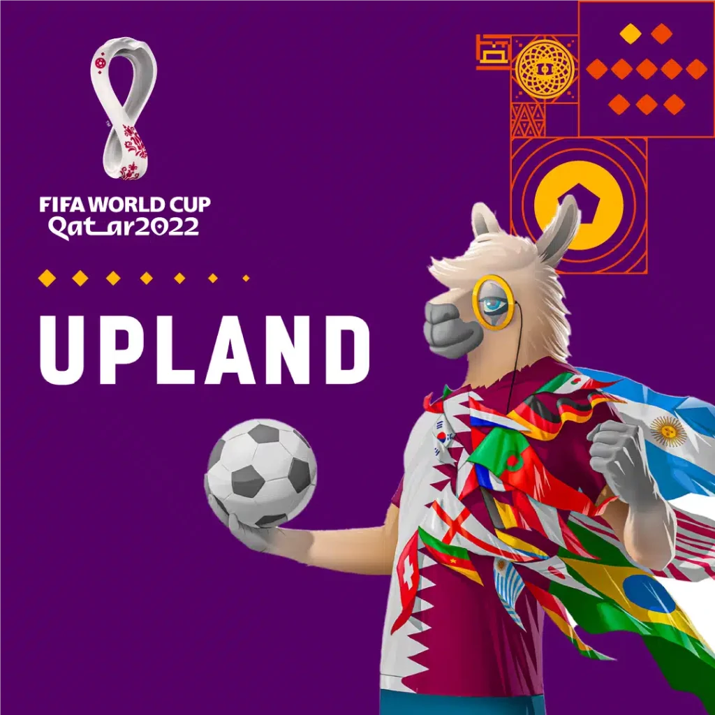 Upland Is Launching a Metaverse Space For the FIFA World Cup a graphic of an upland llama celebrating the world cup