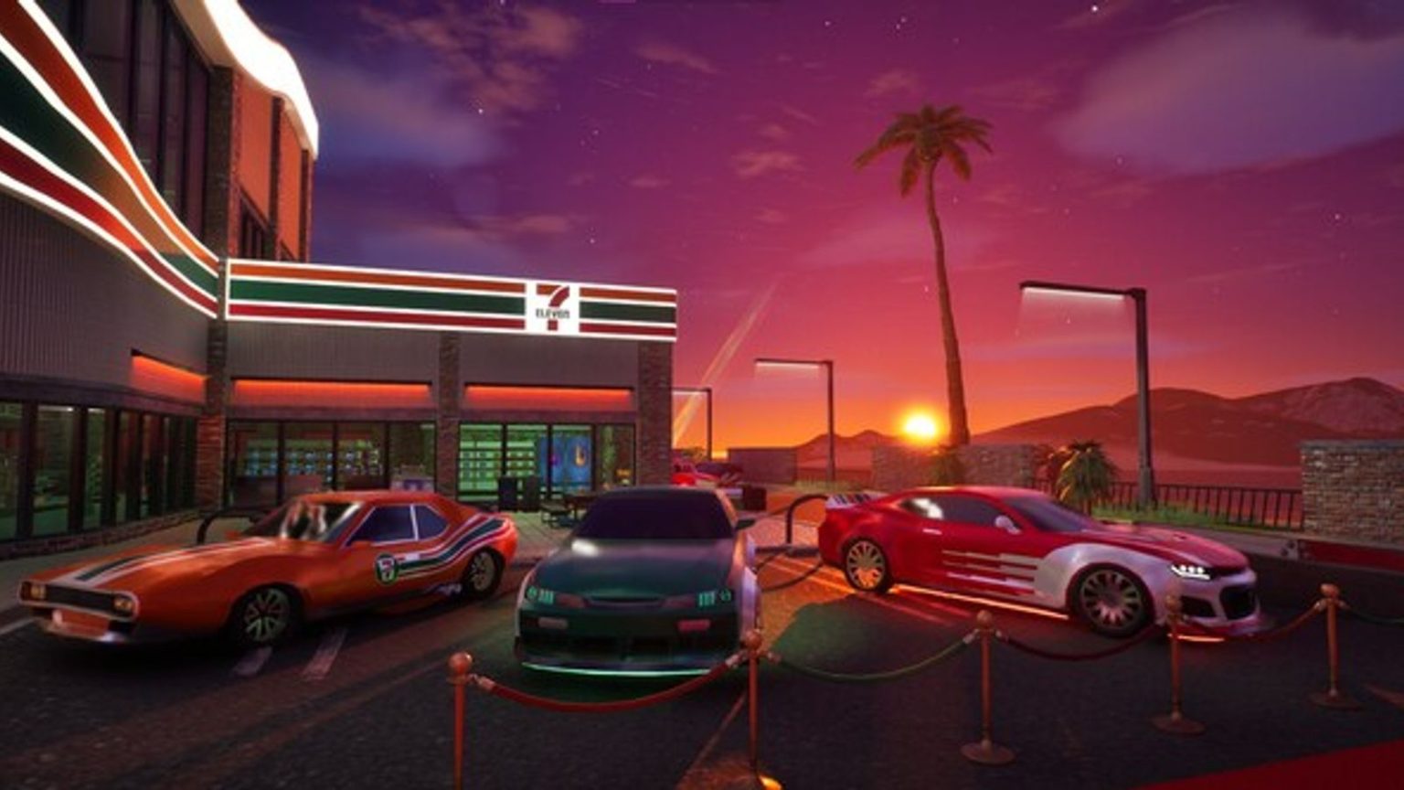 7-Eleven Metaverse Car Meet in Fortnite picture of 7-Eleven cars in the metaverse