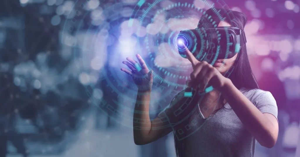 Metaverse Potential Above $900 Billion: Bain & Company Analysis Woman wearIng VR glasses and working “in the metaverse” , implying its future potential