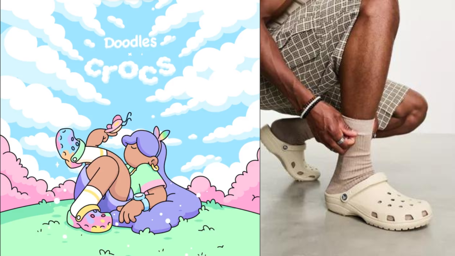 Colorful Crocs with Doodles Collab! An image of a colorful poster announcing Doodles x Crocs collaboration