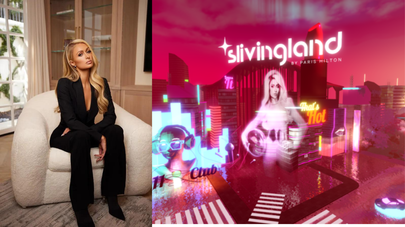 Paris Hilton’s Metaverse Marvel Arrives on Roblox! picture of Paris Hilton next to what is now her own roblox metaverse 'Sliving' land