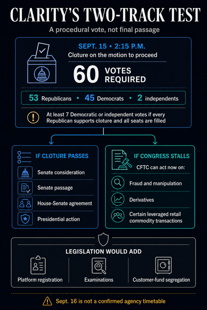 CLARITY gets a September Senate floor date as CFTC signals a limited regulatory fallback CLARITY gets a September Senate floor date as CFTC signals a limited regulatory fallback