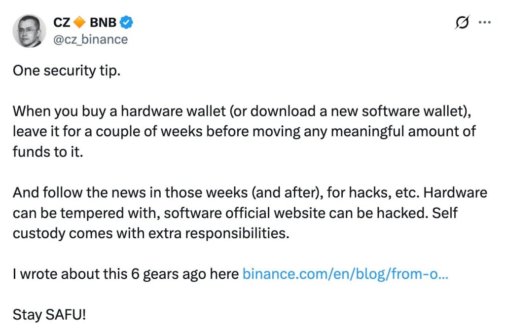 Binance Founder CZ Urges Wallet 'Quarantine' After $86 Million Ledger Reseller Hack