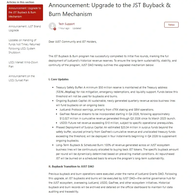 JUST announcement detailing the upgraded JST buyback and burn mechanism and transition to JUST DAO.