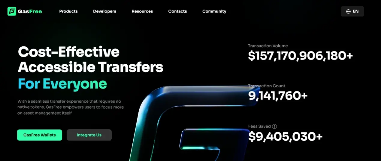 GasFree transfer dashboard showing cumulative transaction volume and transaction count.