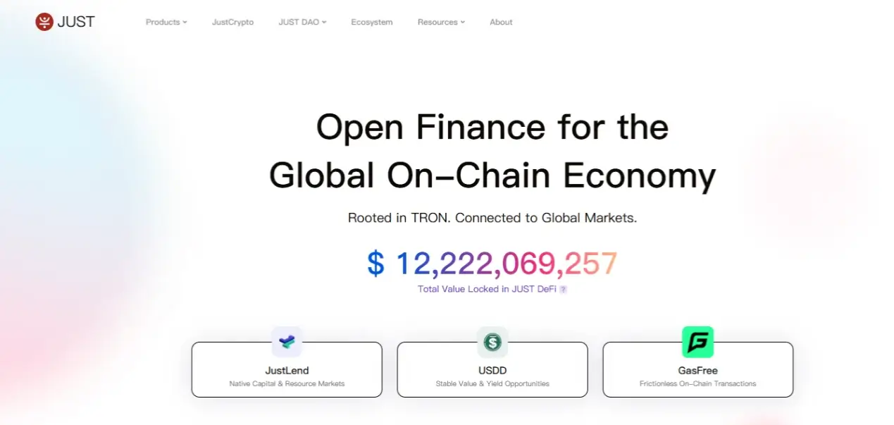 JUST ecosystem website presenting JustLend, USDD and GasFree with total value locked.
